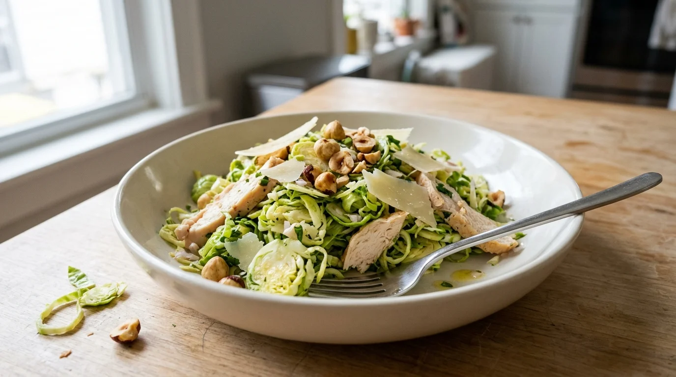 Shaved Brussels Sprout Salad with Chicken, Hazelnuts & Lemon-Parmesan