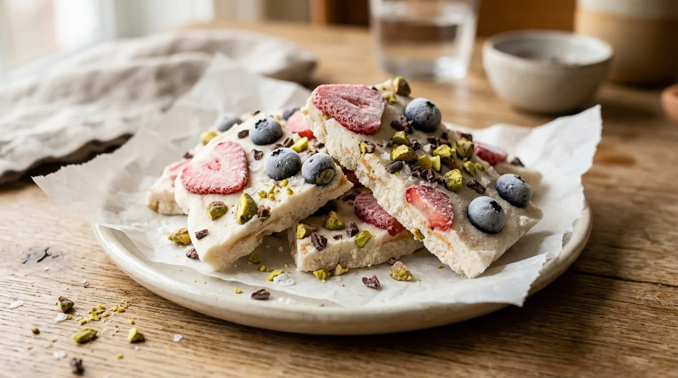 Frozen Greek Yogurt Bark with Berries, Pistachios & Cacao Nibs