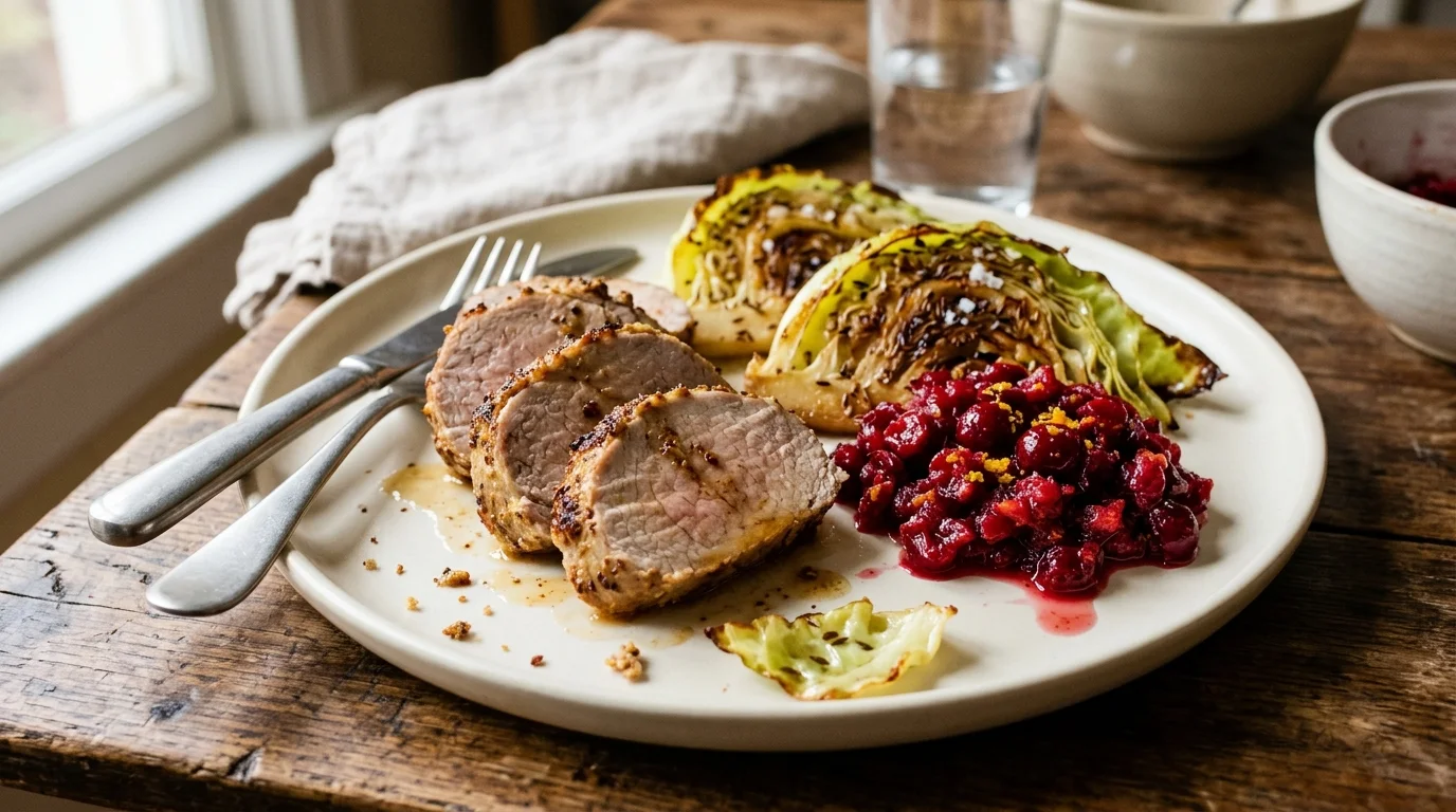 Mustard-Roasted Pork Tenderloin with Cabbage Wedges & Cranberry-Orange Relish