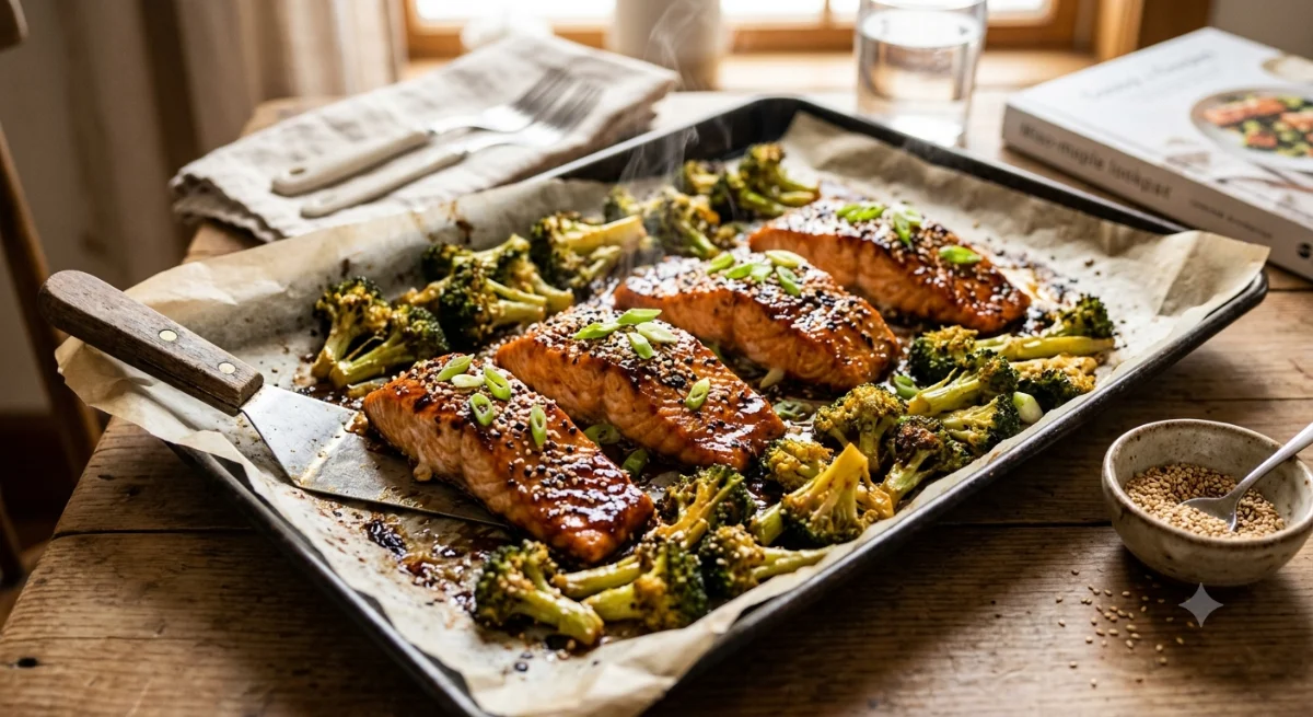 Miso-Maple Glazed Salmon Sheet Pan with Broccoli & Sesame